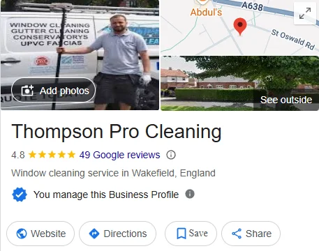 Trusted pressure washing reviews – Thompson Pro Cleaning, Barnsley Screenshot of Thompson Pro Cleaning’s Google and Facebook reviews showing over 50 positive ratings for pressure washing services in Barnsley