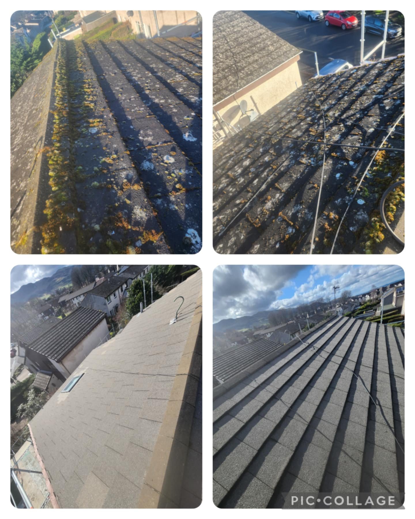 Roof cleaning in York showing moss removal and results of softwashing